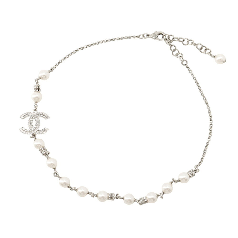 CHANEL Silver Pearl Logo Necklace